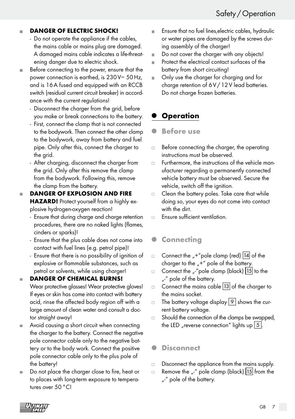 Safety / operation introduction / safety, Operation before use, Connecting | Disconnect | Ultimate Speed ULGD 3.8 A1 User Manual | Page 7 / 52