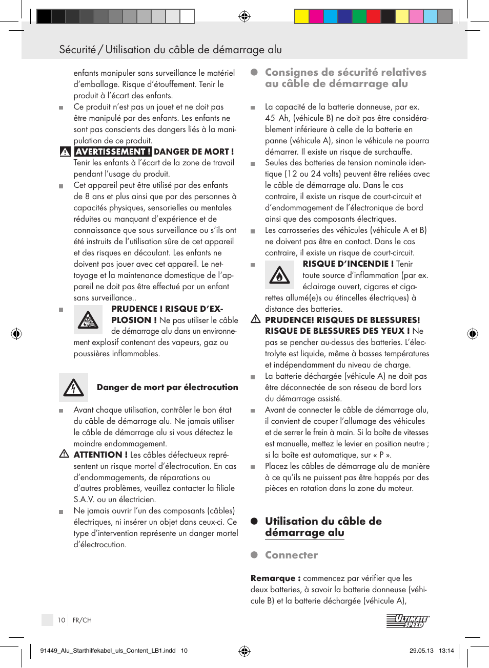 Sécurité / utilisation du câble de démarrage alu, Utilisation du câble de démarrage alu connecter | Ultimate Speed ALUMINIUM JUMP LEADS User Manual | Page 10 / 26