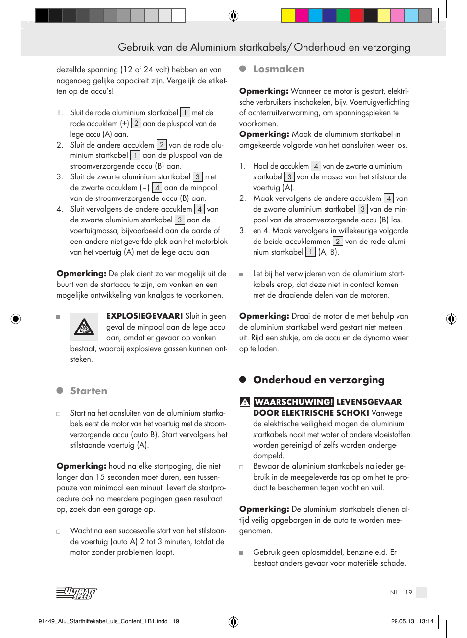 Starten, Losmaken, Onderhoud en verzorging | Ultimate Speed ALUMINIUM JUMP LEADS User Manual | Page 19 / 26