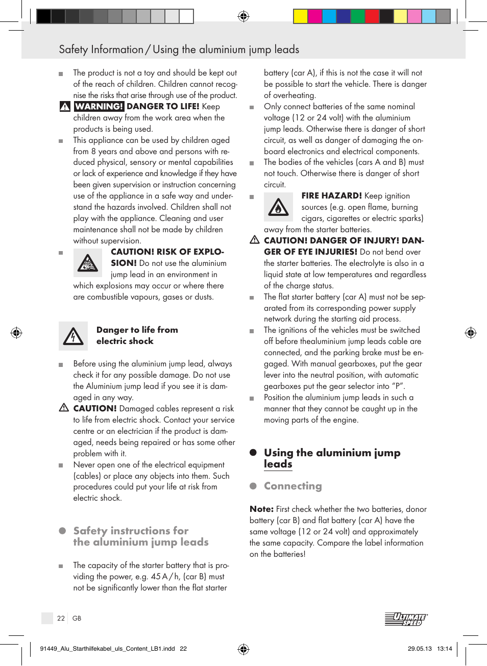 Safety instructions for the aluminium jump leads, Using the aluminium jump leads connecting | Ultimate Speed ALUMINIUM JUMP LEADS User Manual | Page 22 / 26