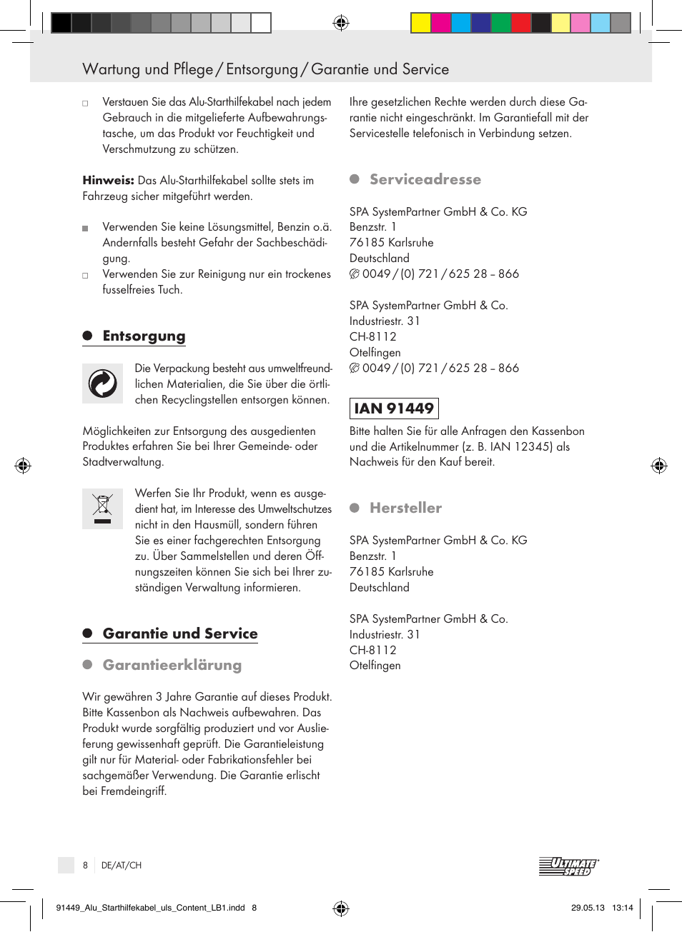 Entsorgung, Garantie und service, Garantieerklärung | Serviceadresse, Hersteller | Ultimate Speed ALUMINIUM JUMP LEADS User Manual | Page 8 / 26