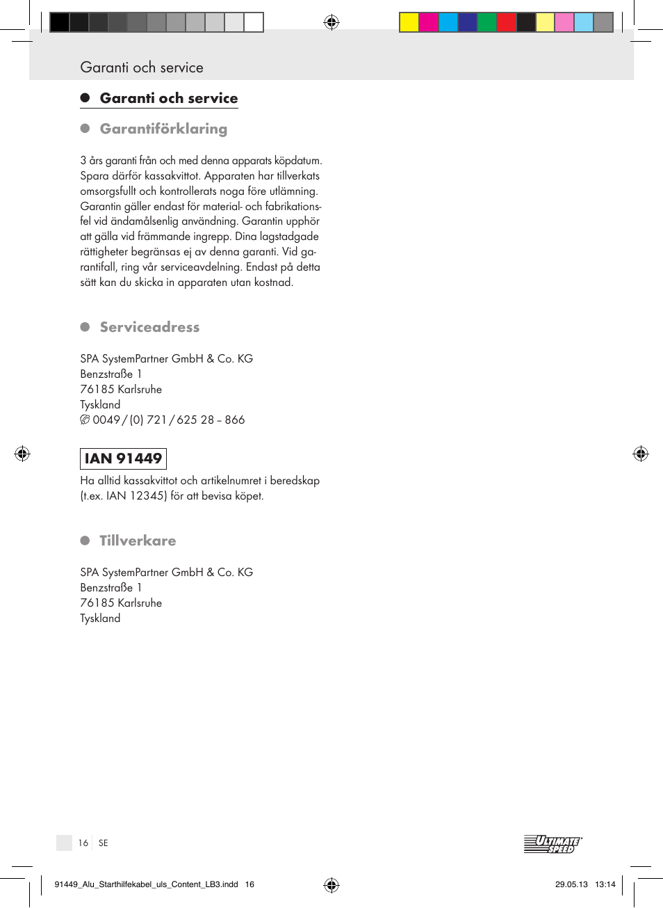 Garanti och service, Garantiförklaring, Serviceadress | Tillverkare | Ultimate Speed ALUMINIUM JUMP LEADS User Manual | Page 16 / 34