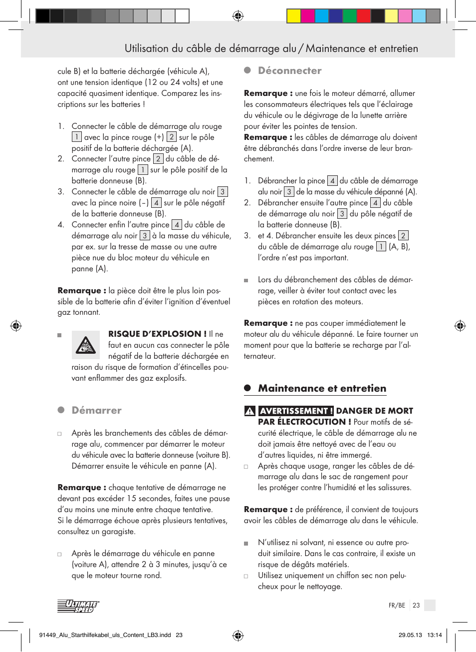 Démarrer, Déconnecter, Maintenance et entretien | Ultimate Speed ALUMINIUM JUMP LEADS User Manual | Page 23 / 34