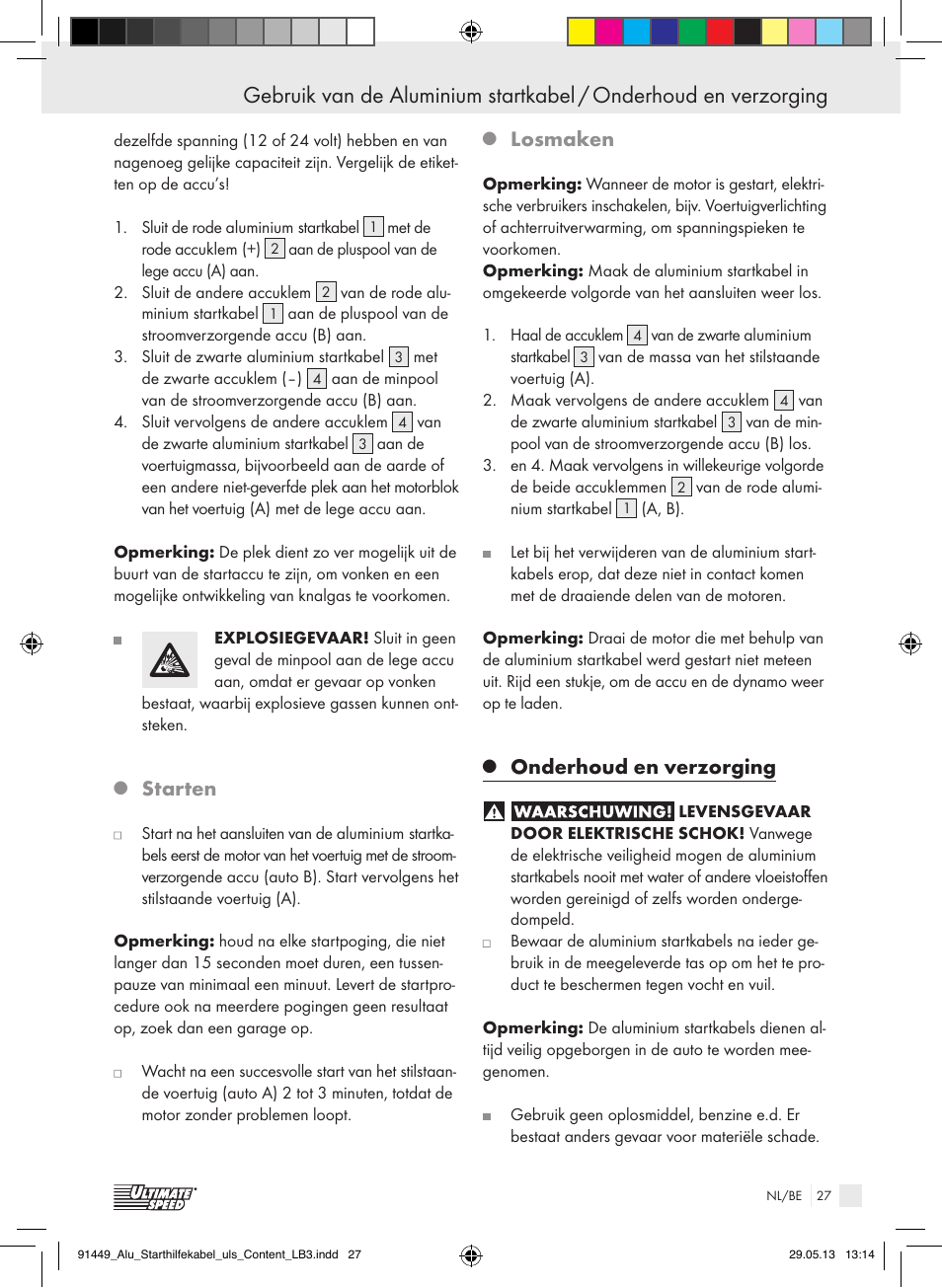 Starten, Losmaken, Onderhoud en verzorging | Ultimate Speed ALUMINIUM JUMP LEADS User Manual | Page 27 / 34