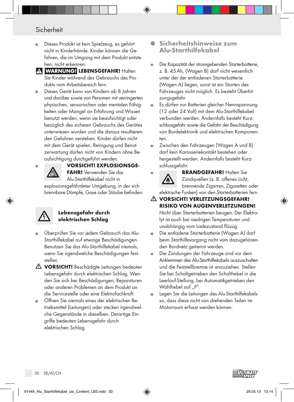 Sicherheit, Sicherheitshinweise zum alu-starthilfekabel | Ultimate Speed ALUMINIUM JUMP LEADS User Manual | Page 30 / 34