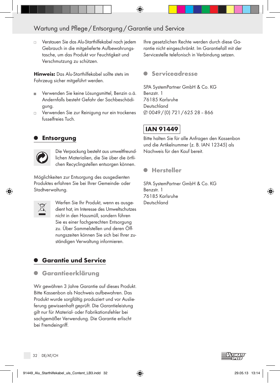 Entsorgung, Garantie und service, Garantieerklärung | Serviceadresse, Hersteller | Ultimate Speed ALUMINIUM JUMP LEADS User Manual | Page 32 / 34