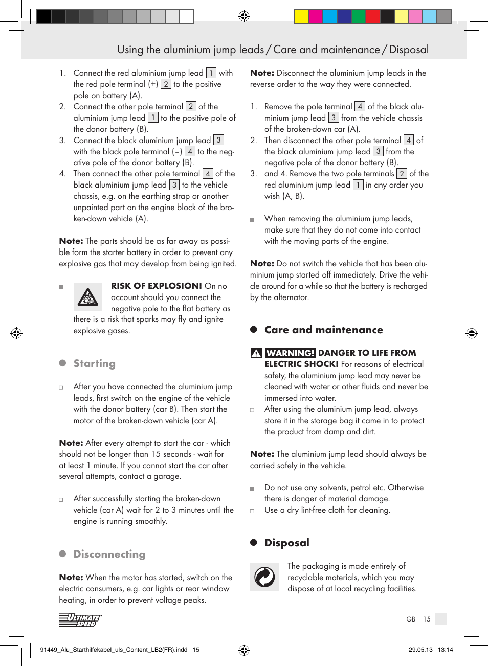 Starting, Disconnecting, Care and maintenance | Disposal | Ultimate Speed ALUMINIUM JUMP LEADS User Manual | Page 15 / 18