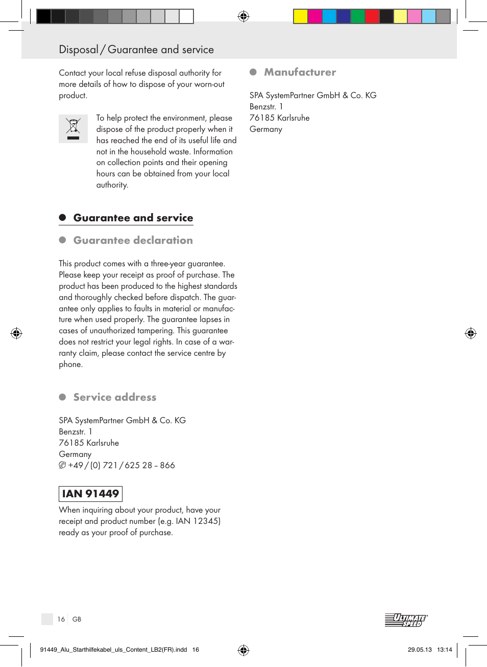 Disposal / guarantee and service, Guarantee and service, Guarantee declaration | Service address, Manufacturer | Ultimate Speed ALUMINIUM JUMP LEADS User Manual | Page 16 / 18