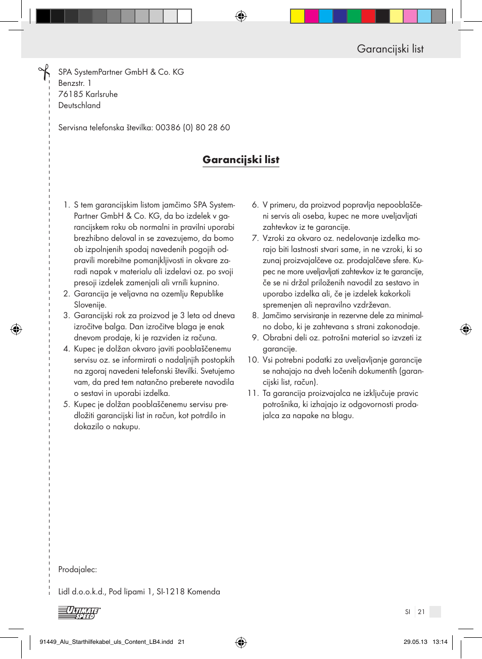 Garancijski list | Ultimate Speed ALUMINIUM JUMP LEADS User Manual | Page 21 / 35