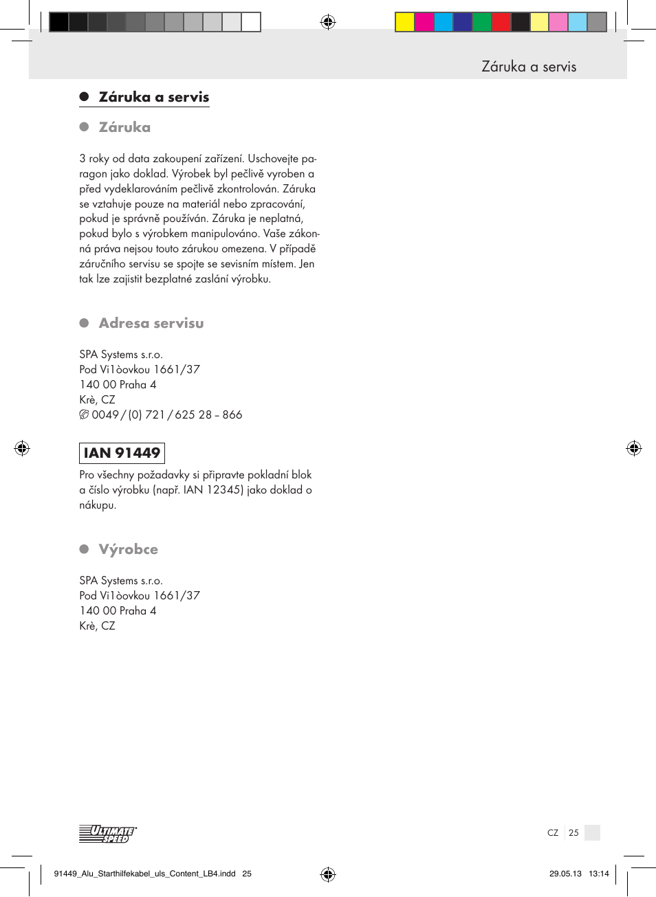 Záruka a servis, Záruka, Adresa servisu | Výrobce | Ultimate Speed ALUMINIUM JUMP LEADS User Manual | Page 25 / 35