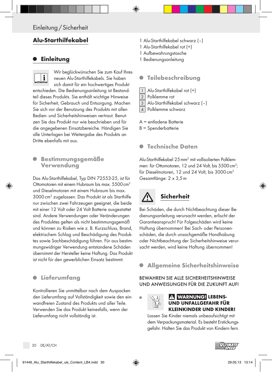 Einleitung / sicherheit, Alu-starthilfekabel, Einleitung | Bestimmungsgemäße verwendung, Lieferumfang, Teilebeschreibung, Technische daten, Sicherheit, Allgemeine sicherheitshinweise | Ultimate Speed ALUMINIUM JUMP LEADS User Manual | Page 30 / 35