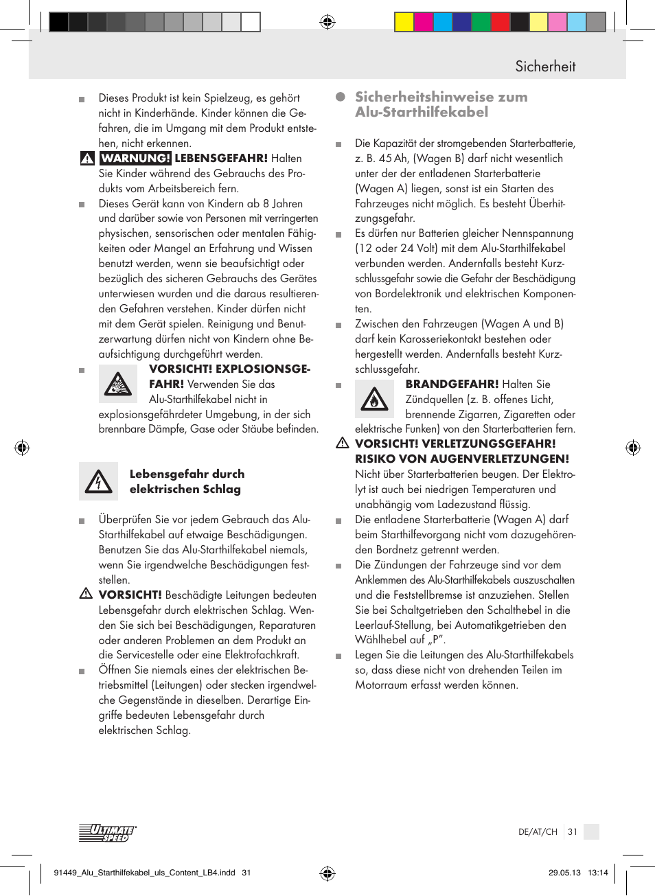 Sicherheit, Sicherheitshinweise zum alu-starthilfekabel | Ultimate Speed ALUMINIUM JUMP LEADS User Manual | Page 31 / 35