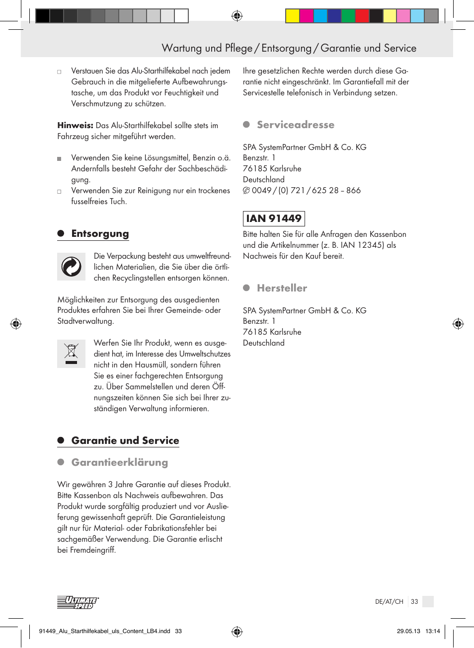 Entsorgung, Garantie und service, Garantieerklärung | Serviceadresse, Hersteller | Ultimate Speed ALUMINIUM JUMP LEADS User Manual | Page 33 / 35