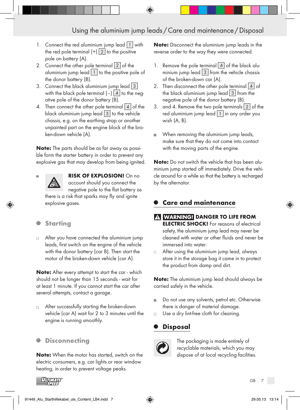 Starting, Disconnecting, Care and maintenance | Disposal | Ultimate Speed ALUMINIUM JUMP LEADS User Manual | Page 7 / 35