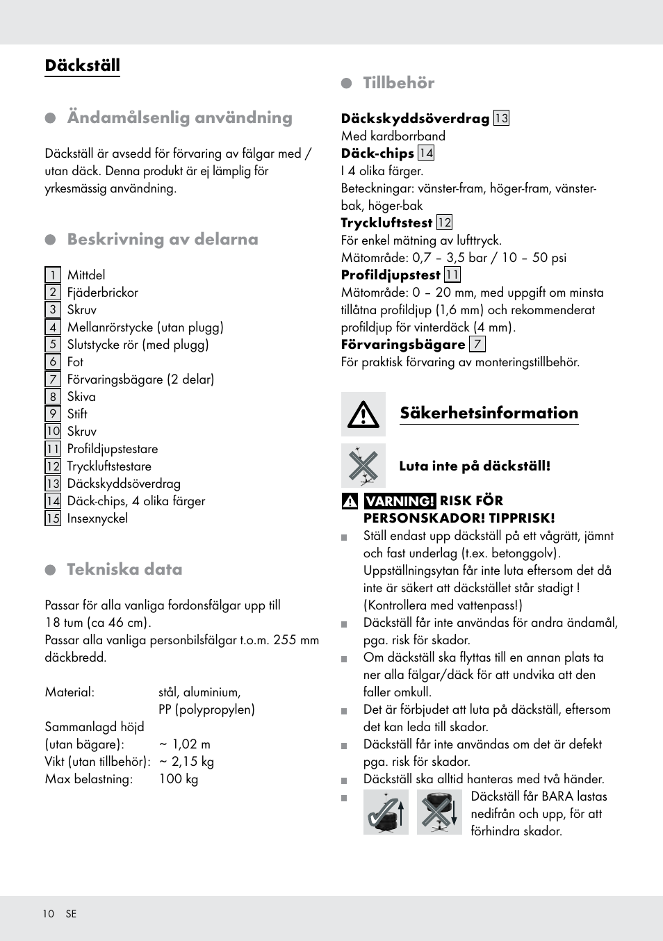 Däckställ, Ändamålsenlig användning, Beskrivning av delarna | Tekniska data, Tillbehör, Säkerhetsinformation | Ultimate Speed Z31365 User Manual | Page 10 / 20