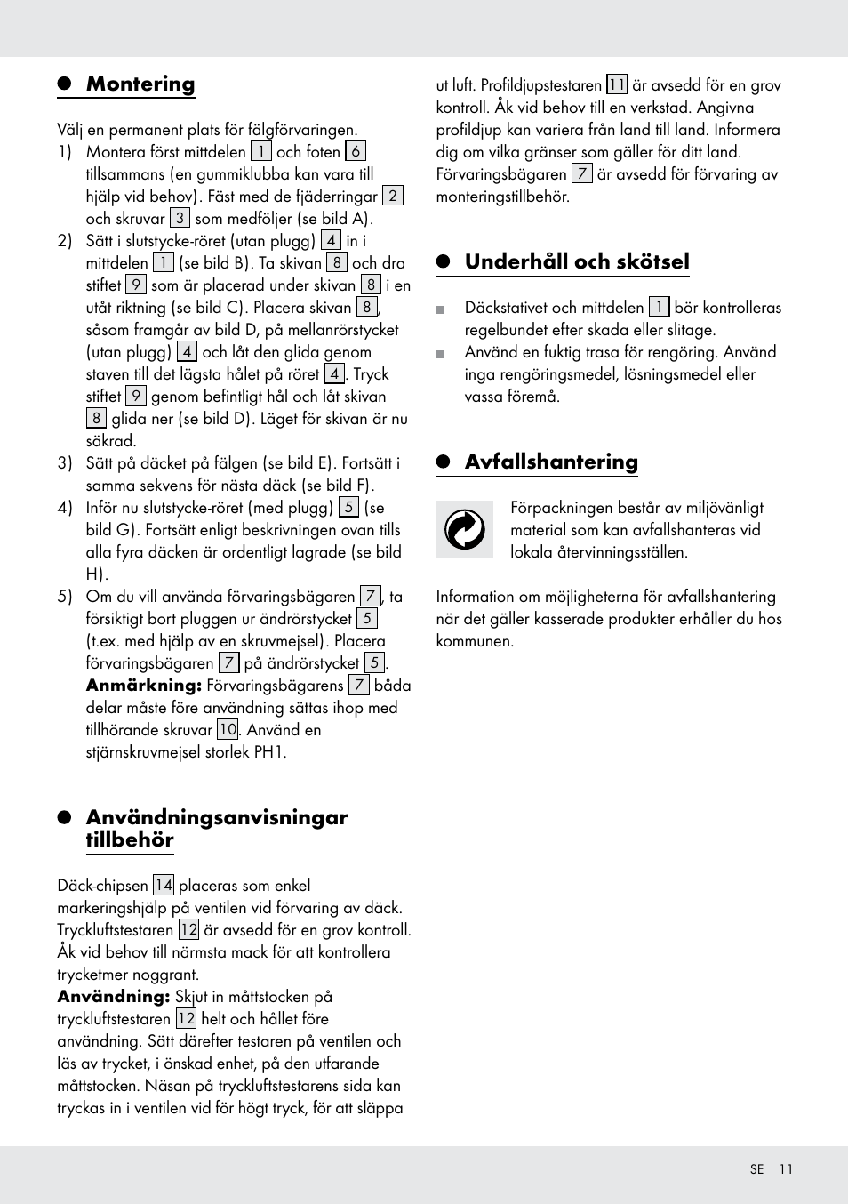 Montering, Användningsanvisningar tillbehör, Underhåll och skötsel | Avfallshantering | Ultimate Speed Z31365 User Manual | Page 11 / 20