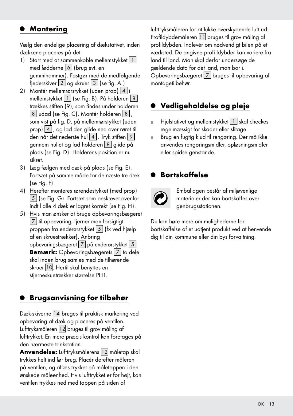 Montering, Brugsanvisning for tilbehør, Vedligeholdelse og pleje | Bortskaffelse | Ultimate Speed Z31365 User Manual | Page 13 / 20