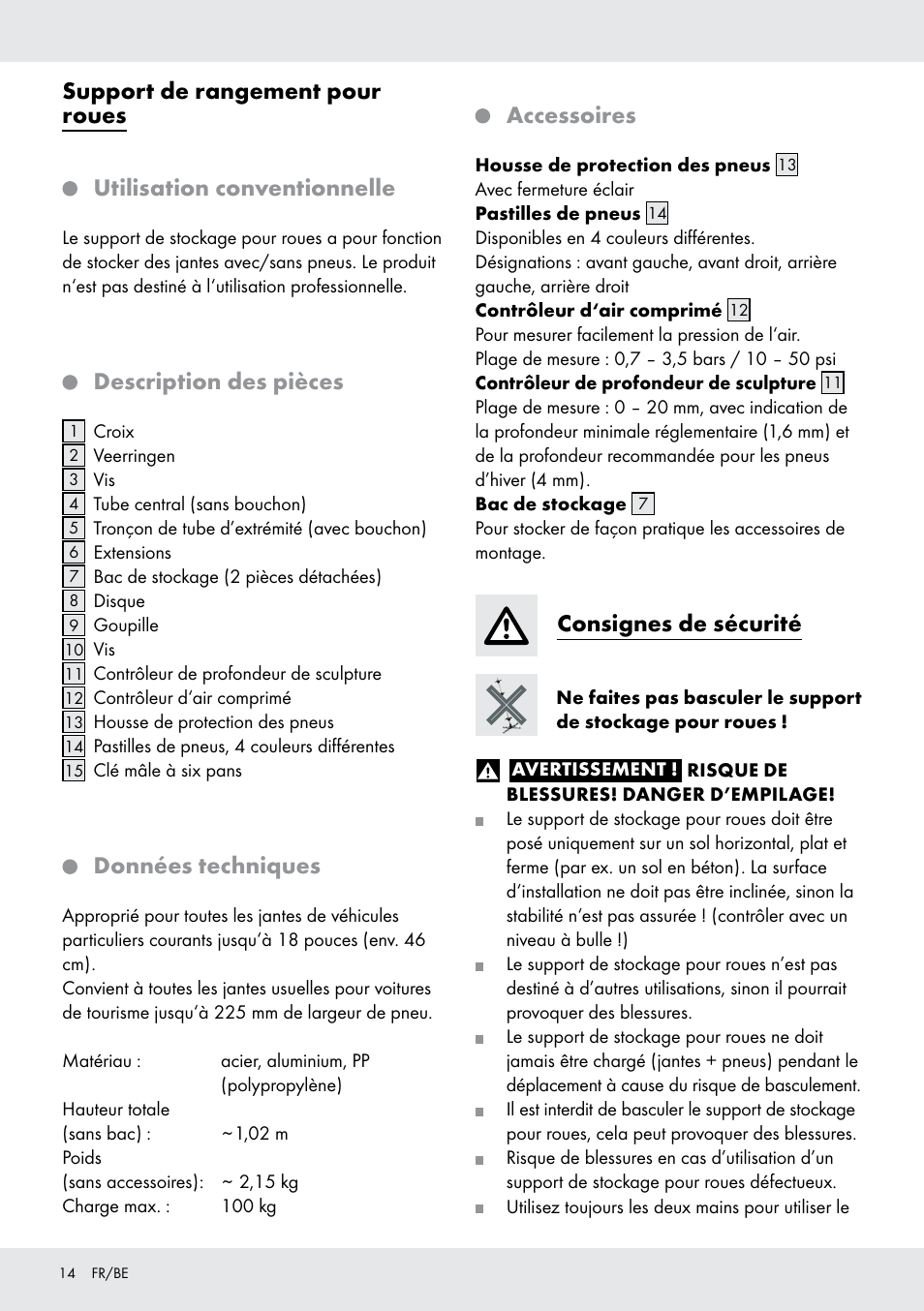 Support de rangement pour roues, Utilisation conventionnelle, Description des pièces | Données techniques, Accessoires, Consignes de sécurité | Ultimate Speed Z31365 User Manual | Page 14 / 20