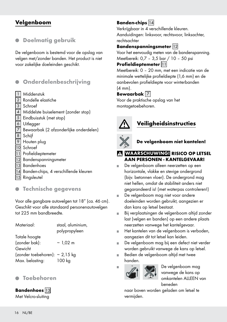 Velgenboom, Doelmatig gebruik, Onderdelenbeschrijving | Technische gegevens, Toebehoren, Veiligheidsinstructies | Ultimate Speed Z31365 User Manual | Page 16 / 20