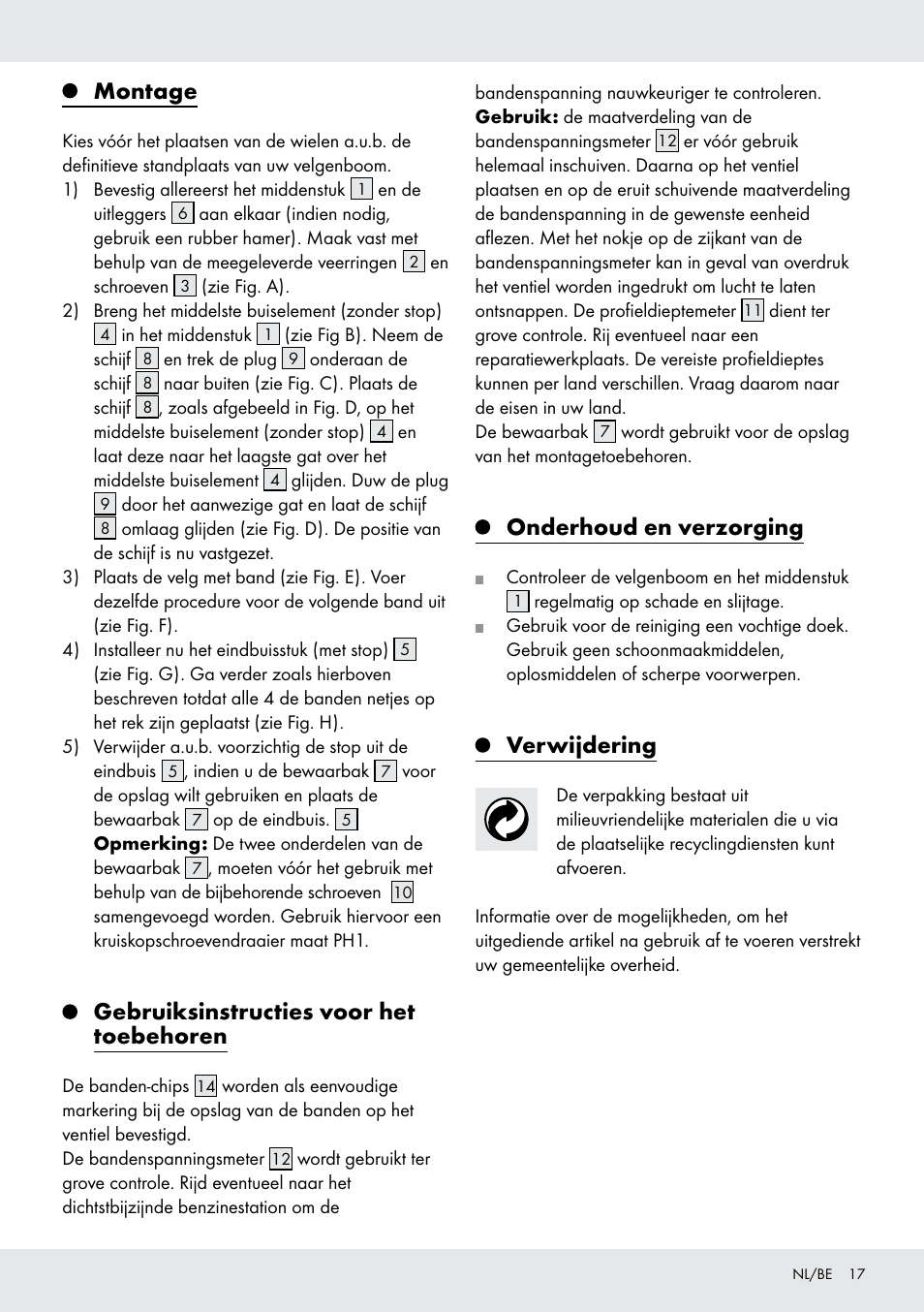 Montage, Gebruiksinstructies voor het toebehoren, Onderhoud en verzorging | Verwijdering | Ultimate Speed Z31365 User Manual | Page 17 / 20