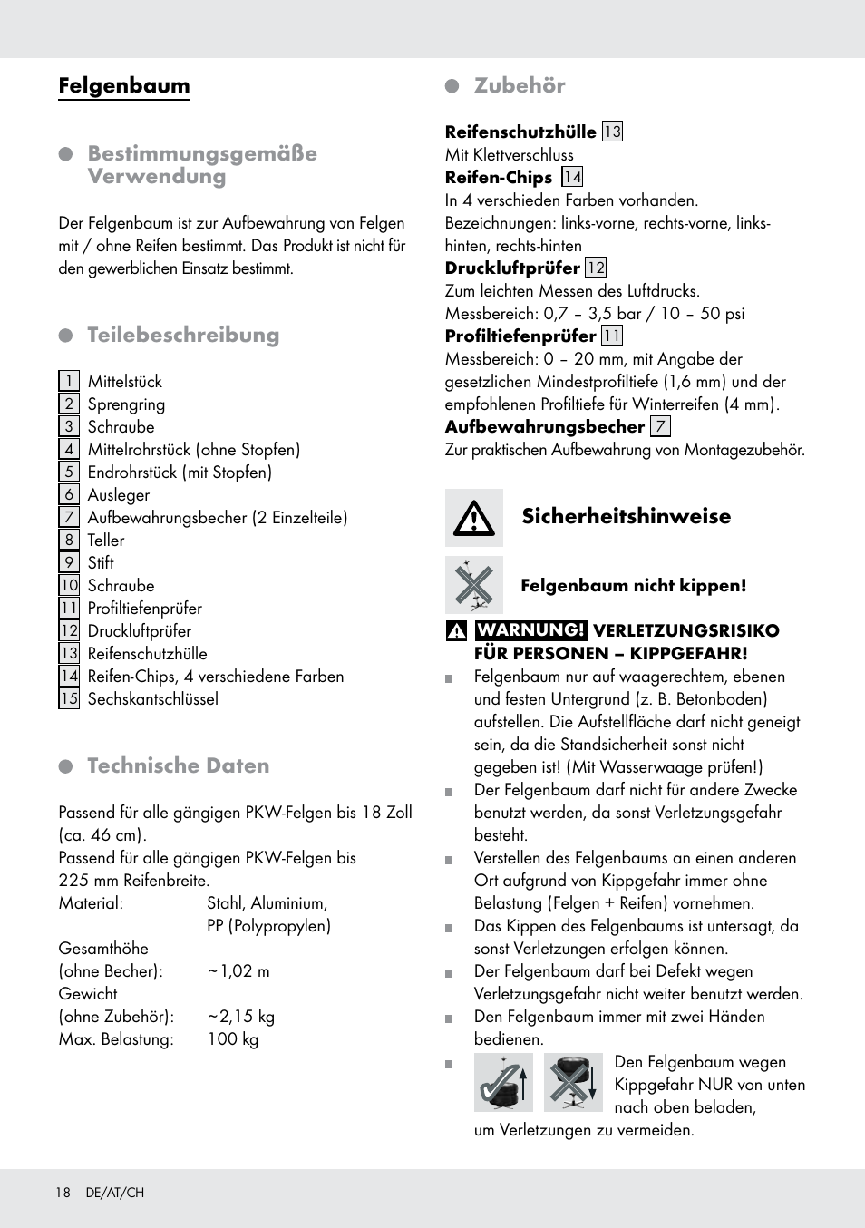 Felgenbaum, Bestimmungsgemäße verwendung, Teilebeschreibung | Technische daten, Zubehör, Sicherheitshinweise | Ultimate Speed Z31365 User Manual | Page 18 / 20