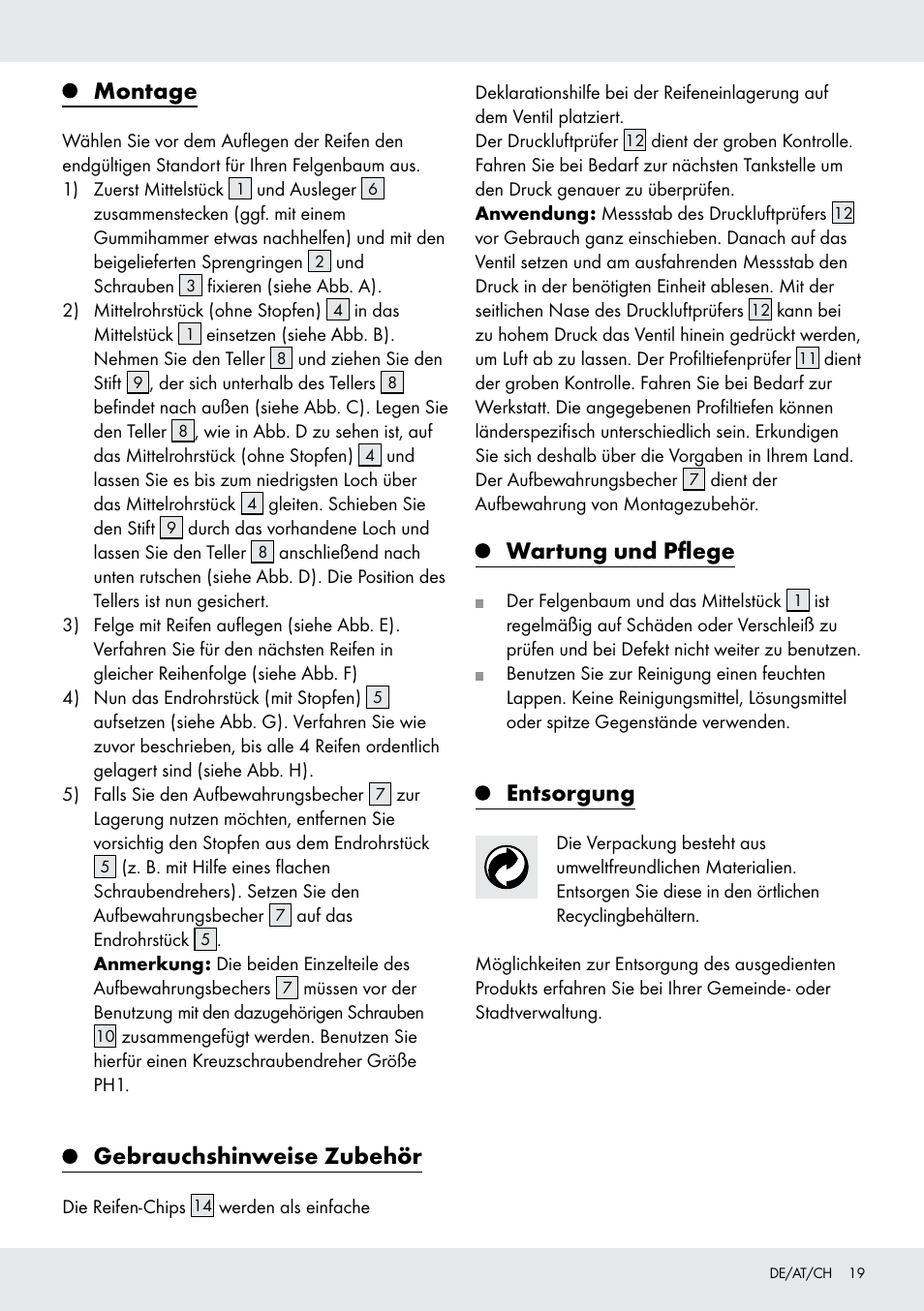 Montage, Gebrauchshinweise zubehör, Wartung und pflege | Entsorgung | Ultimate Speed Z31365 User Manual | Page 19 / 20