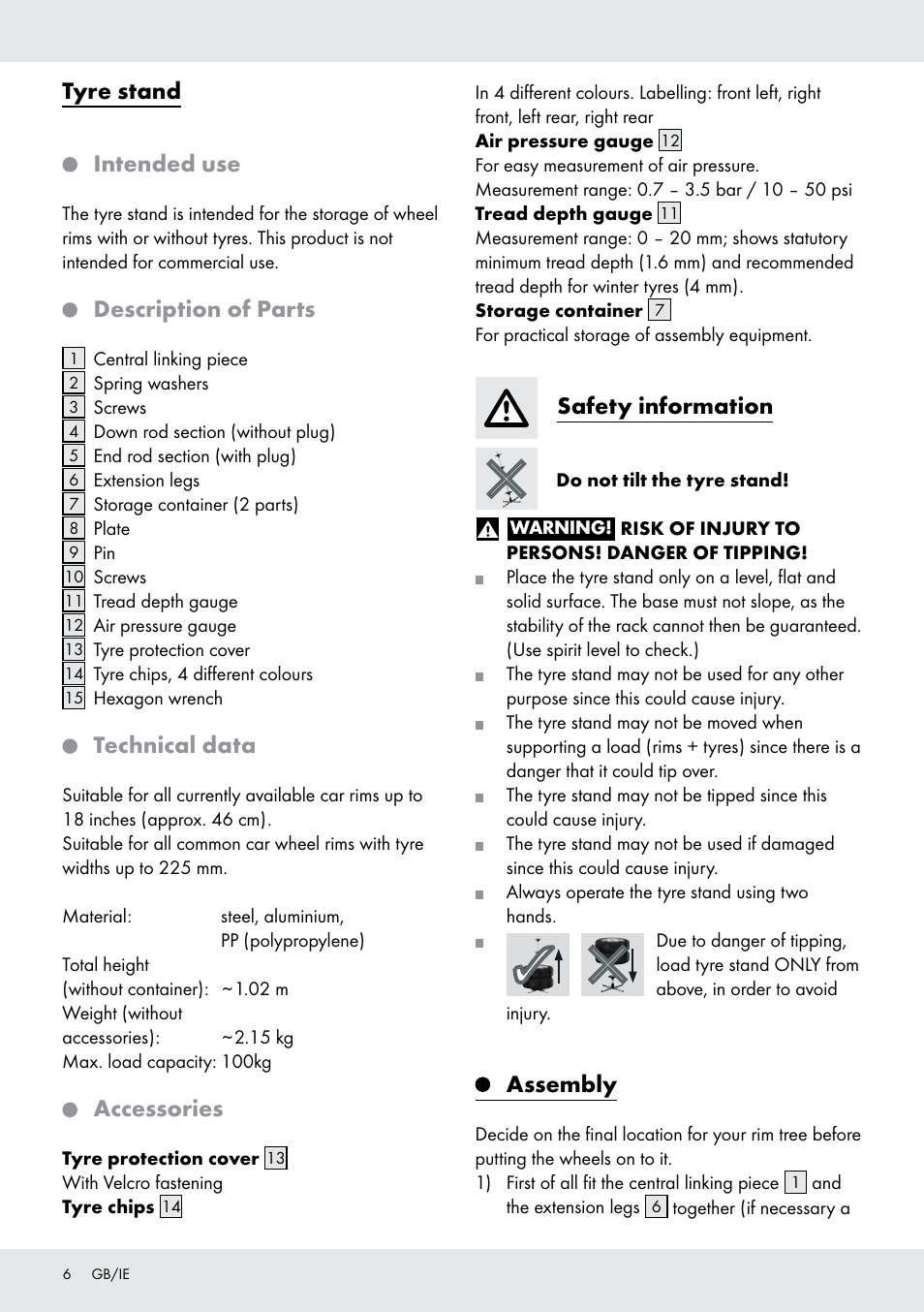 Tyre stand, Intended use, Description of parts | Technical data, Accessories, Safety information, Assembly | Ultimate Speed Z31365 User Manual | Page 6 / 20