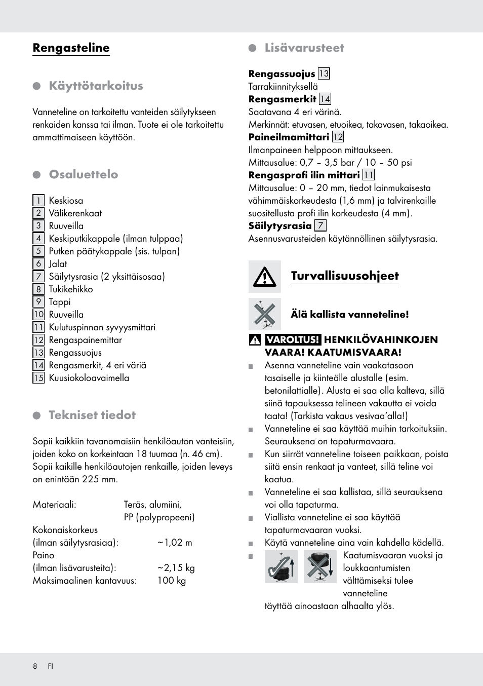 Rengasteline, Käyttötarkoitus, Osaluettelo | Tekniset tiedot, Lisävarusteet, Turvallisuusohjeet | Ultimate Speed Z31365 User Manual | Page 8 / 20
