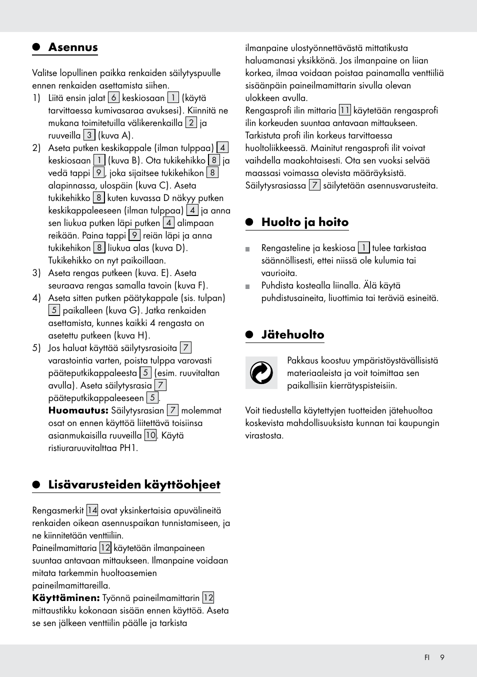 Asennus, Lisävarusteiden käyttöohjeet, Huolto ja hoito | Jätehuolto | Ultimate Speed Z31365 User Manual | Page 9 / 20