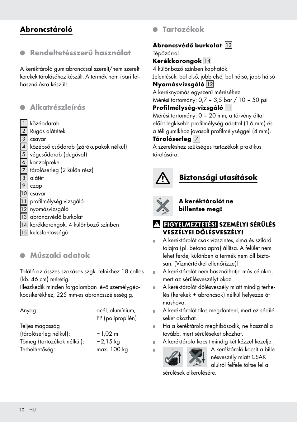 Abroncstároló, Rendeltetésszerű használat, Alkatrészleírás | Műszaki adatok, Tartozékok, Biztonsági utasítások | Ultimate Speed Z31365 User Manual | Page 10 / 21