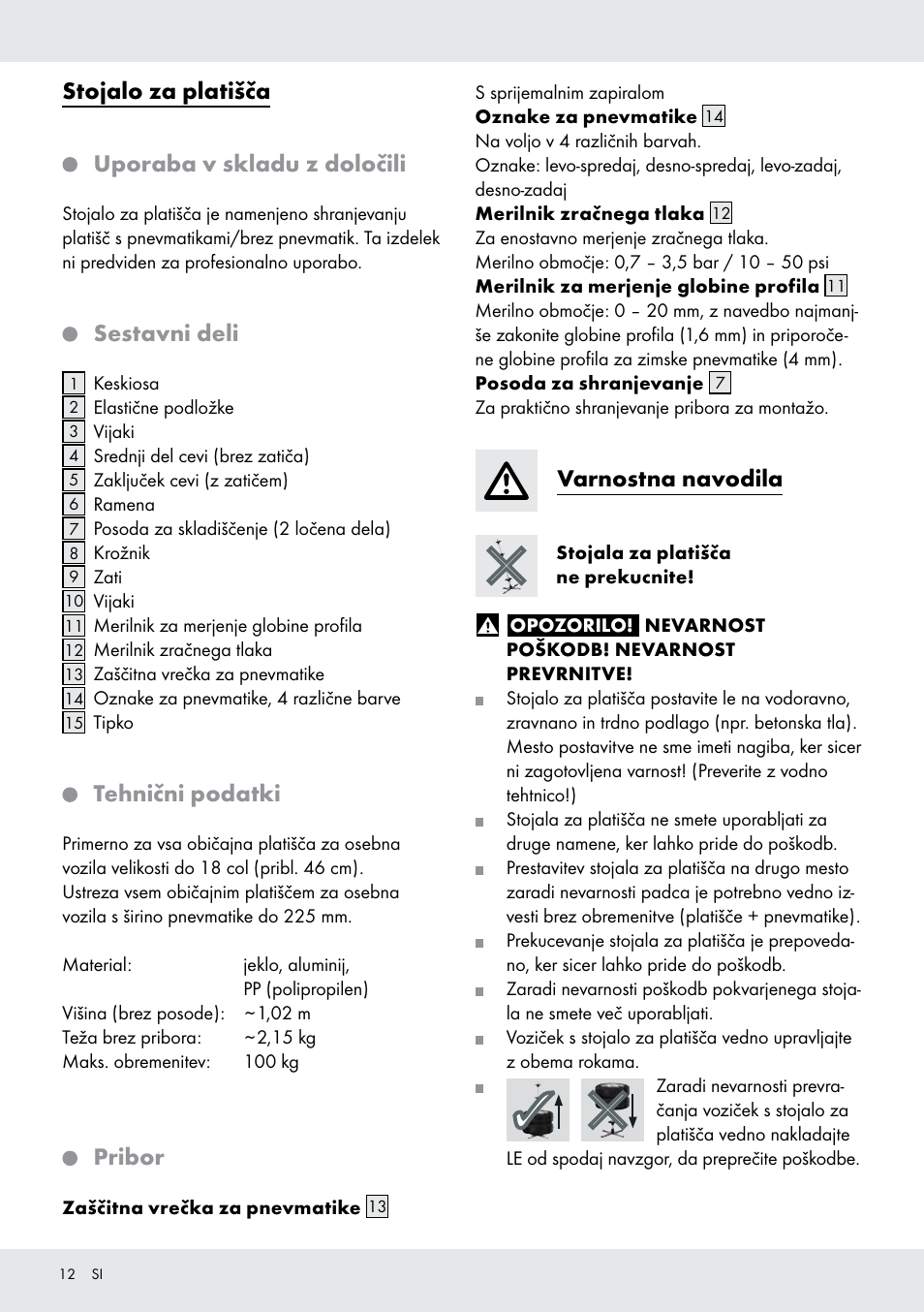 Stojalo za platišča, Uporaba v skladu z določili, Sestavni deli | Tehnični podatki, Pribor, Varnostna navodila | Ultimate Speed Z31365 User Manual | Page 12 / 21