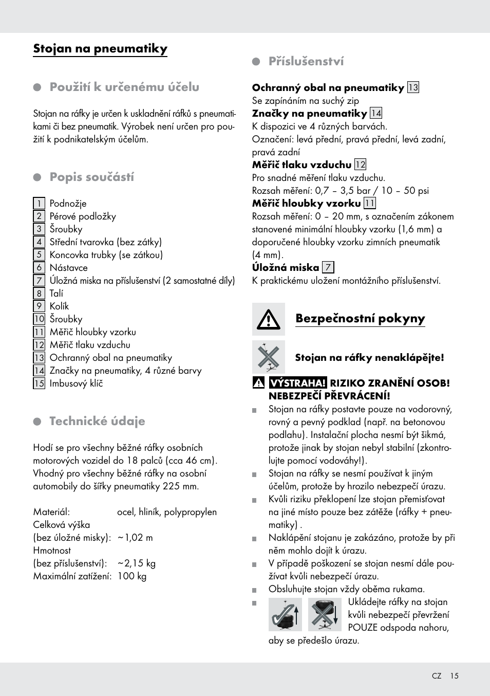 Stojan na pneumatiky, Použití k určenému účelu, Popis součástí | Technické údaje, Příslušenství, Bezpečnostní pokyny | Ultimate Speed Z31365 User Manual | Page 15 / 21