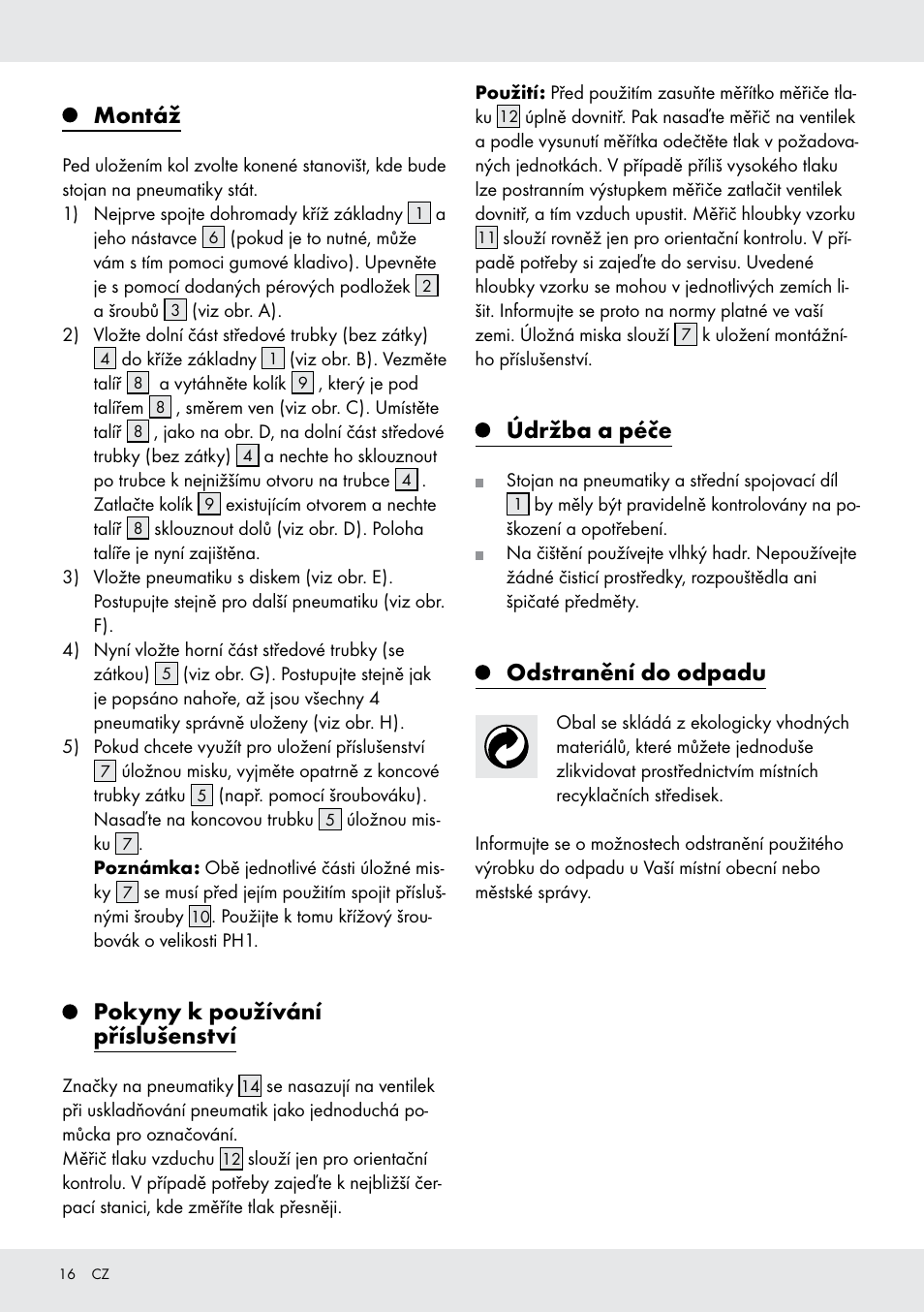 Montáž, Pokyny k používání příslušenství, Údržba a péče | Odstranění do odpadu | Ultimate Speed Z31365 User Manual | Page 16 / 21