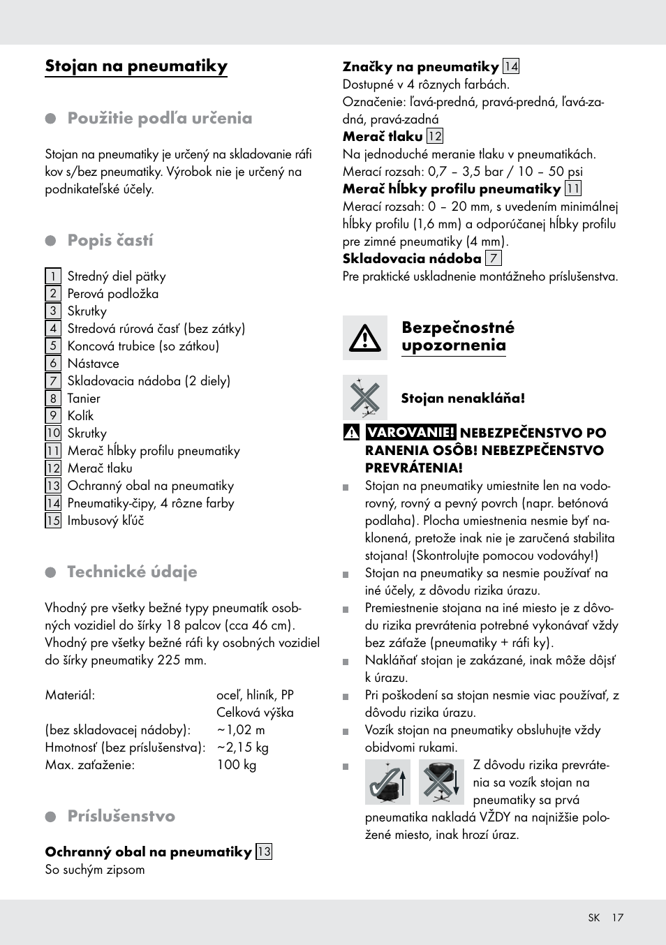 Stojan na pneumatiky, Použitie podľa určenia, Popis častí | Technické údaje, Príslušenstvo, Bezpečnostné upozornenia | Ultimate Speed Z31365 User Manual | Page 17 / 21