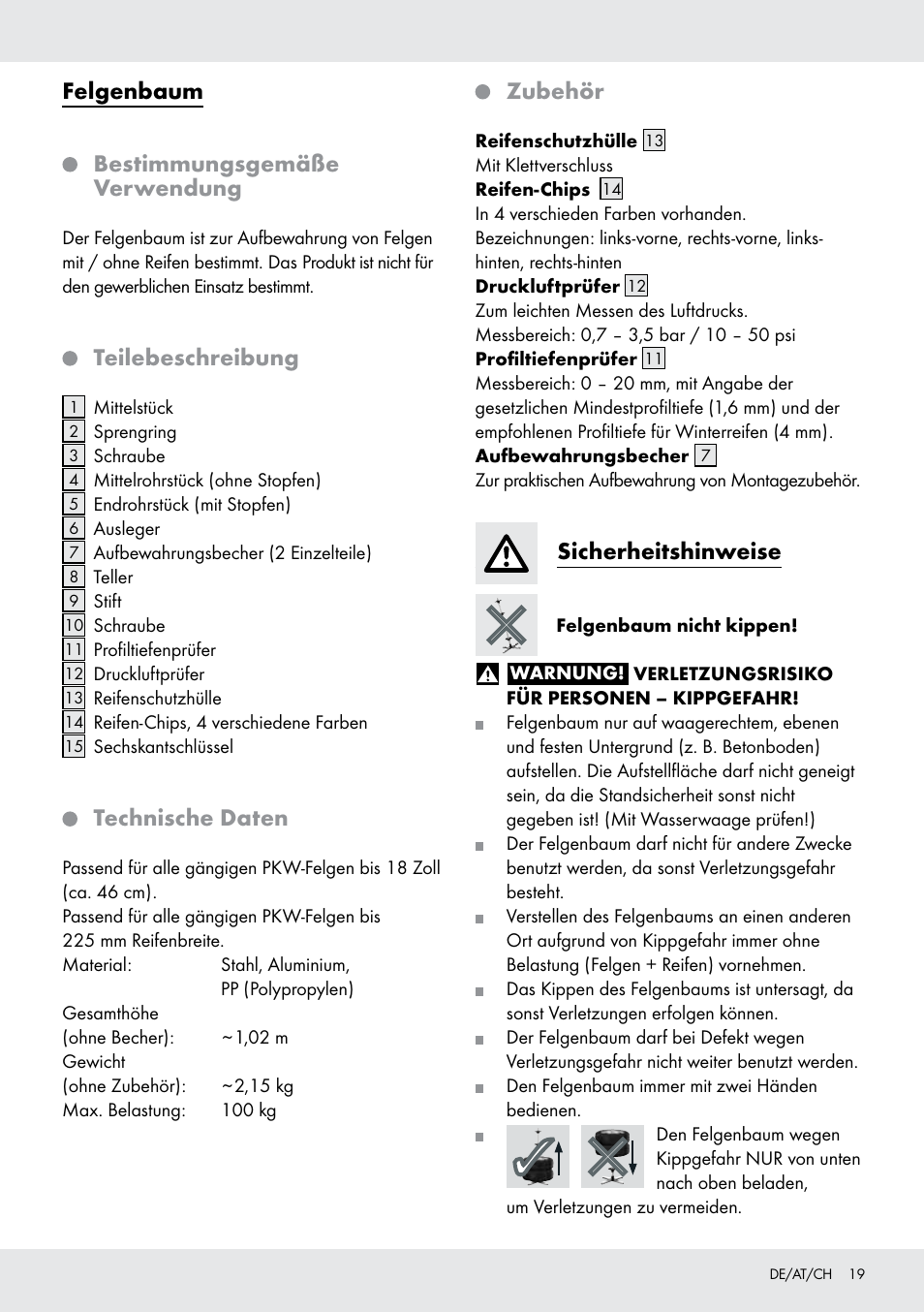 Felgenbaum, Bestimmungsgemäße verwendung, Teilebeschreibung | Technische daten, Zubehör, Sicherheitshinweise | Ultimate Speed Z31365 User Manual | Page 19 / 21