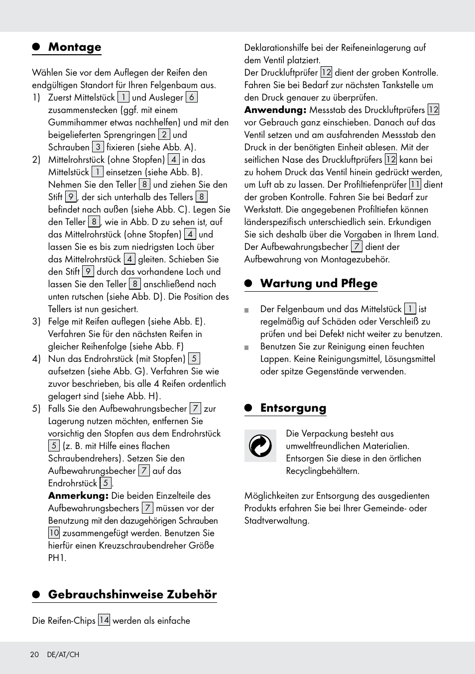 Montage, Gebrauchshinweise zubehör, Wartung und pflege | Entsorgung | Ultimate Speed Z31365 User Manual | Page 20 / 21