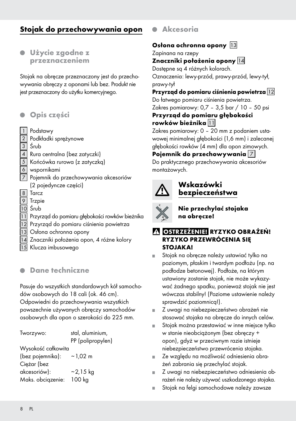Stojak do przechowywania opon, Użycie zgodne z przeznaczeniem, Opis części | Dane techniczne, Akcesoria, Wskazówki bezpieczeństwa | Ultimate Speed Z31365 User Manual | Page 8 / 21