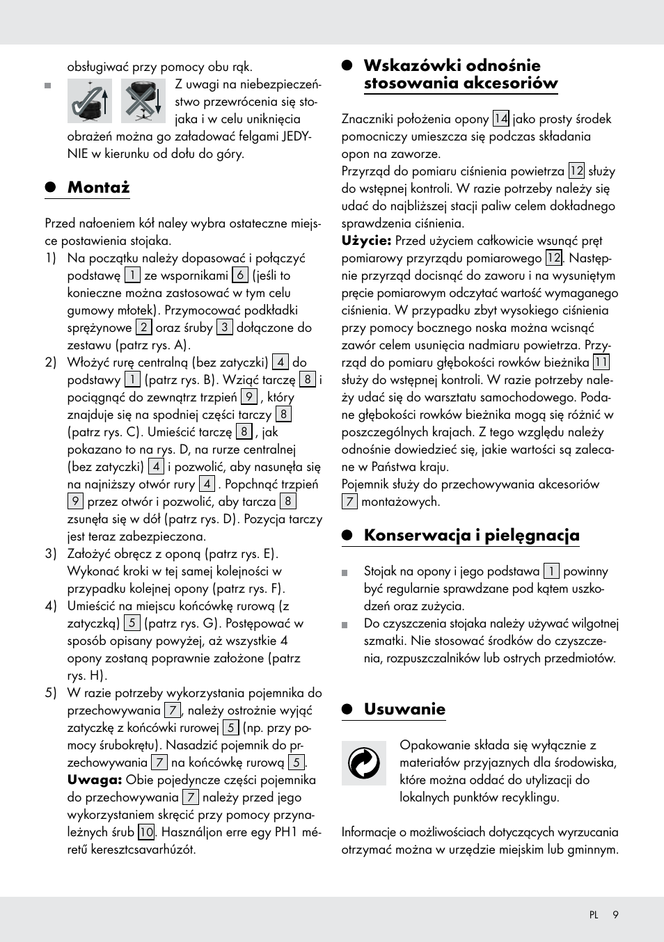 Montaż, Wskazówki odnośnie stosowania akcesoriów, Konserwacja i pielęgnacja | Usuwanie | Ultimate Speed Z31365 User Manual | Page 9 / 21