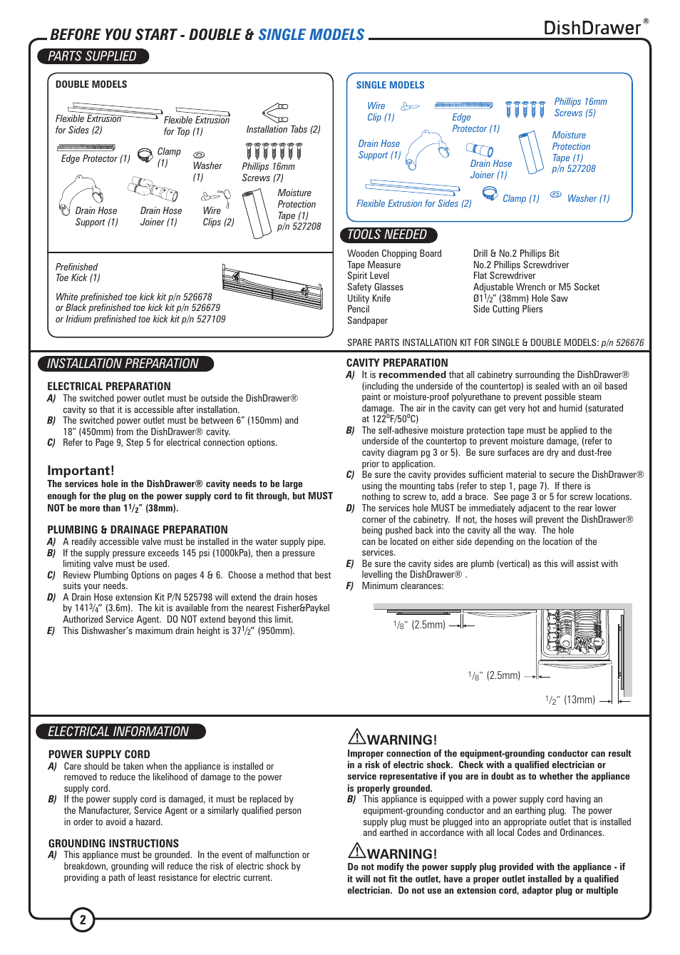 Before you start - double & single models, Parts supplied installation preparation, Important | Electrical information, 2warning, Warning, Tools needed | DCS DS224 User Manual | Page 2 / 12