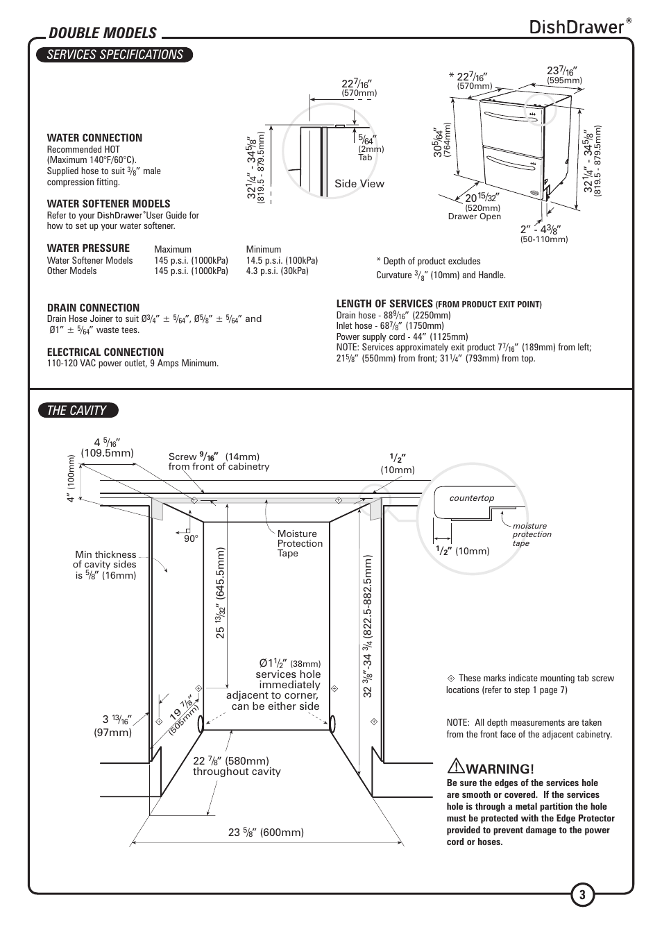 Double models, Services specifications the cavity, Warning | DCS DS224 User Manual | Page 3 / 12