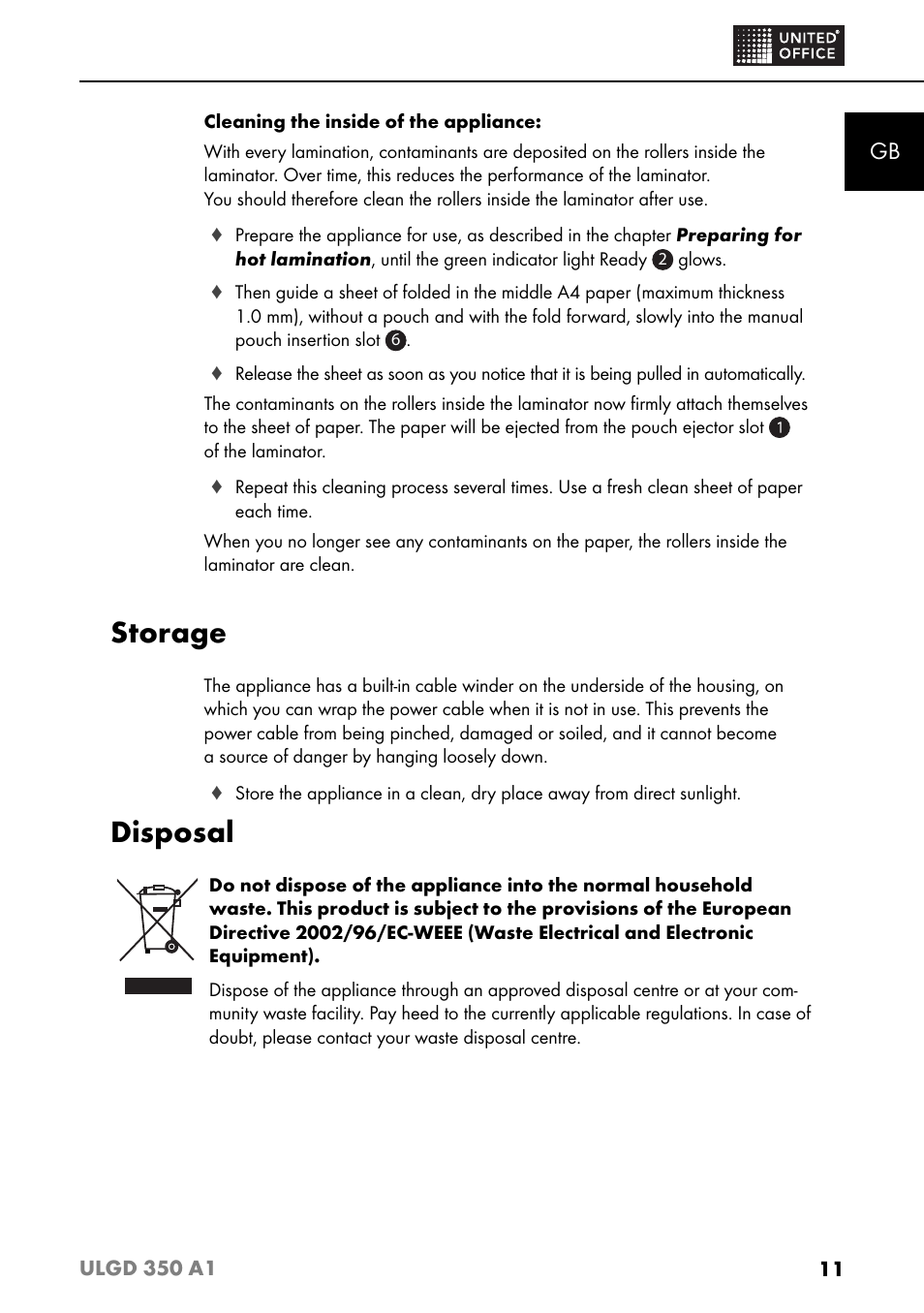 Storage, Disposal | United Office ULGD 350 A1 User Manual | Page 13 / 85