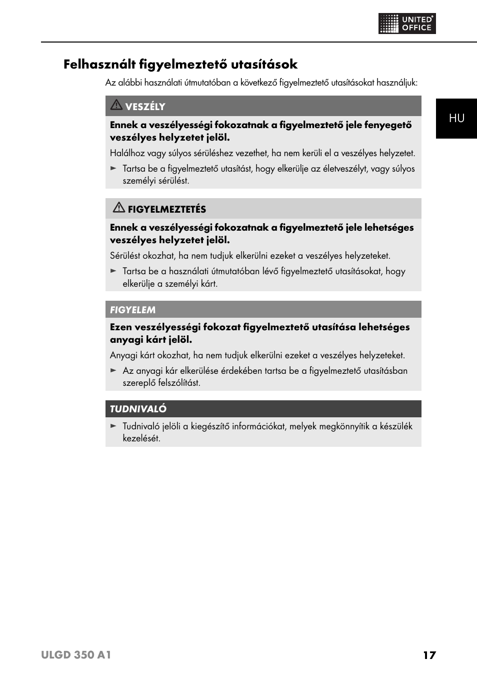 Felhasznált ﬁ gyelmeztető utasítások | United Office ULGD 350 A1 User Manual | Page 19 / 85
