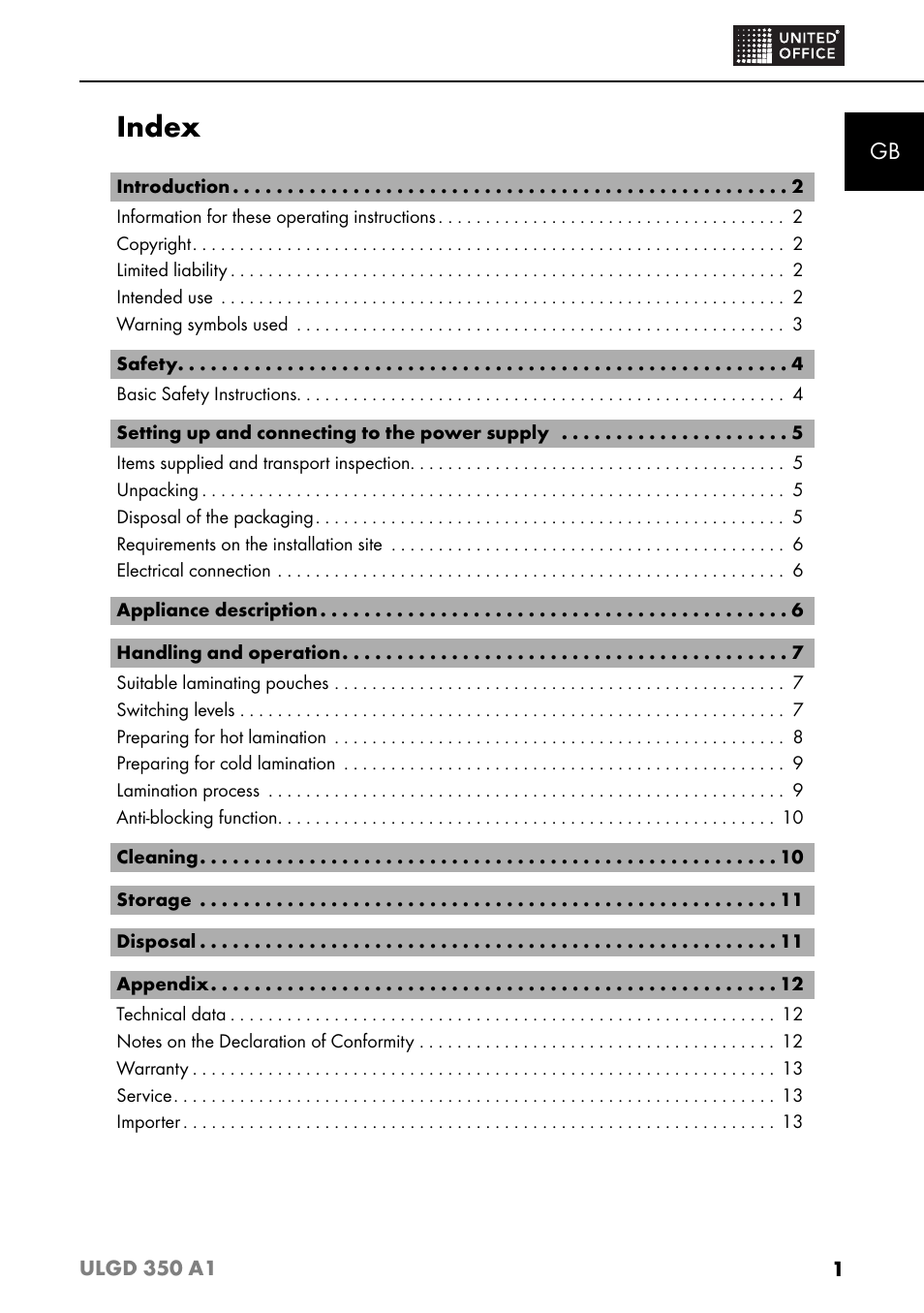 Index | United Office ULGD 350 A1 User Manual | Page 3 / 85