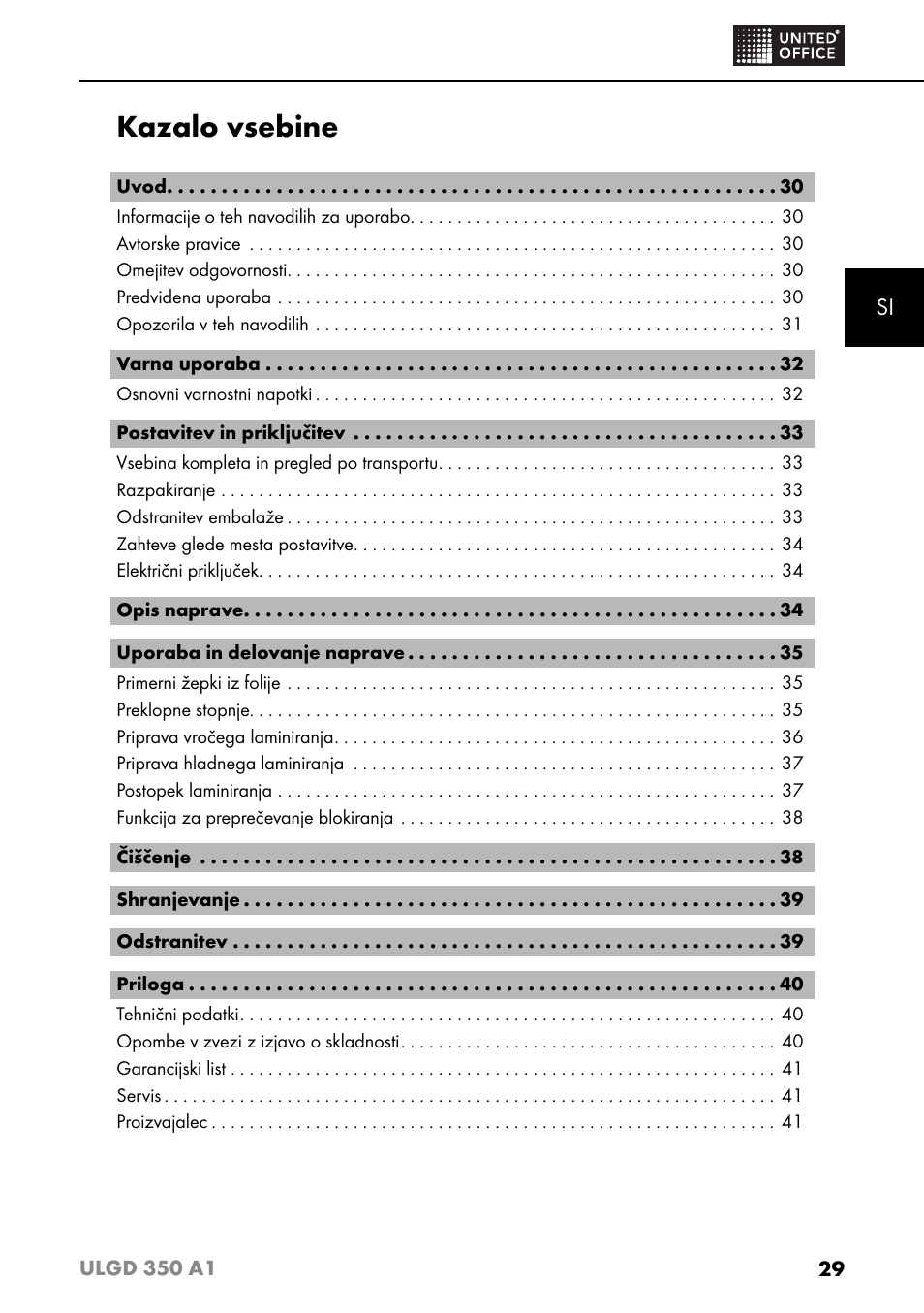 Kazalo vsebine | United Office ULGD 350 A1 User Manual | Page 31 / 85