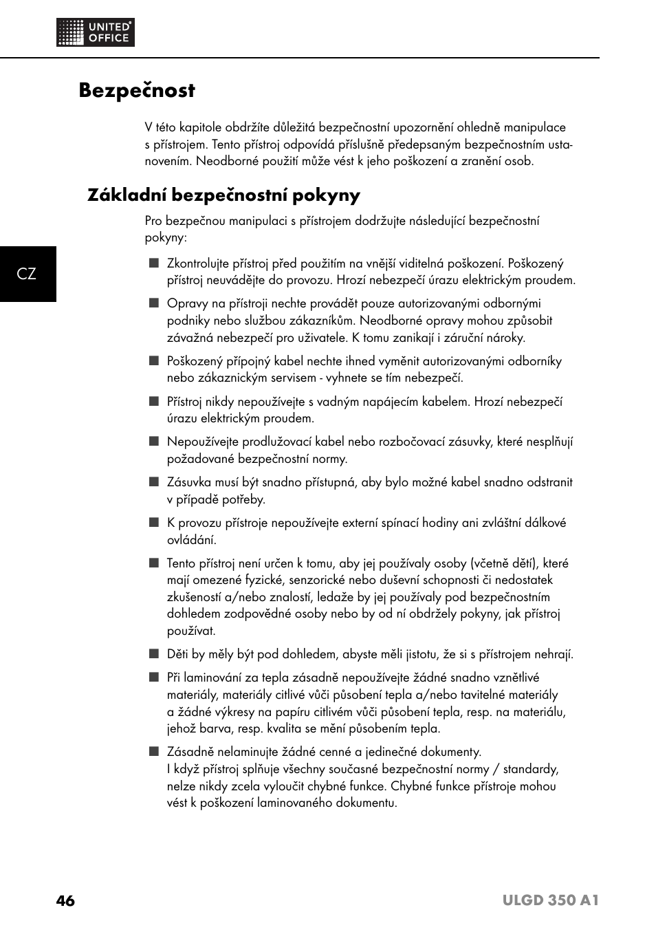 Bezpečnost, Základní bezpečnostní pokyny | United Office ULGD 350 A1 User Manual | Page 48 / 85