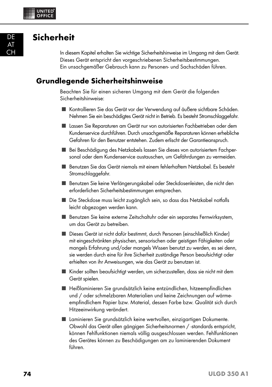 Sicherheit, Grundlegende sicherheitshinweise, De at ch | United Office ULGD 350 A1 User Manual | Page 76 / 85