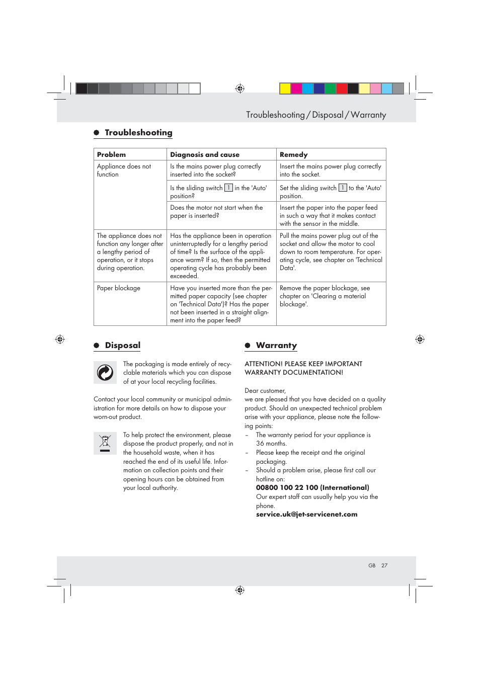 Troubleshooting / disposal / warranty | United Office Strip Cut Shredder User Manual | Page 27 / 35