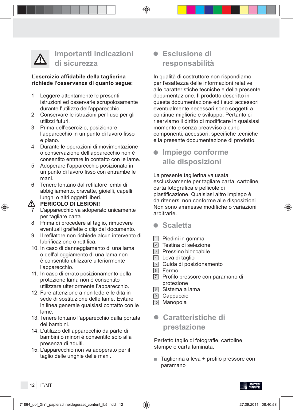 Importanti indicazioni di sicurezza, Caratteristiche di prestazione | United Office 2-in-1 Paper Trimmer User Manual | Page 14 / 30