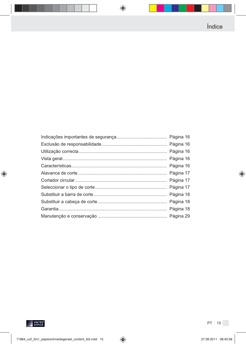 Índice | United Office 2-in-1 Paper Trimmer User Manual | Page 17 / 30