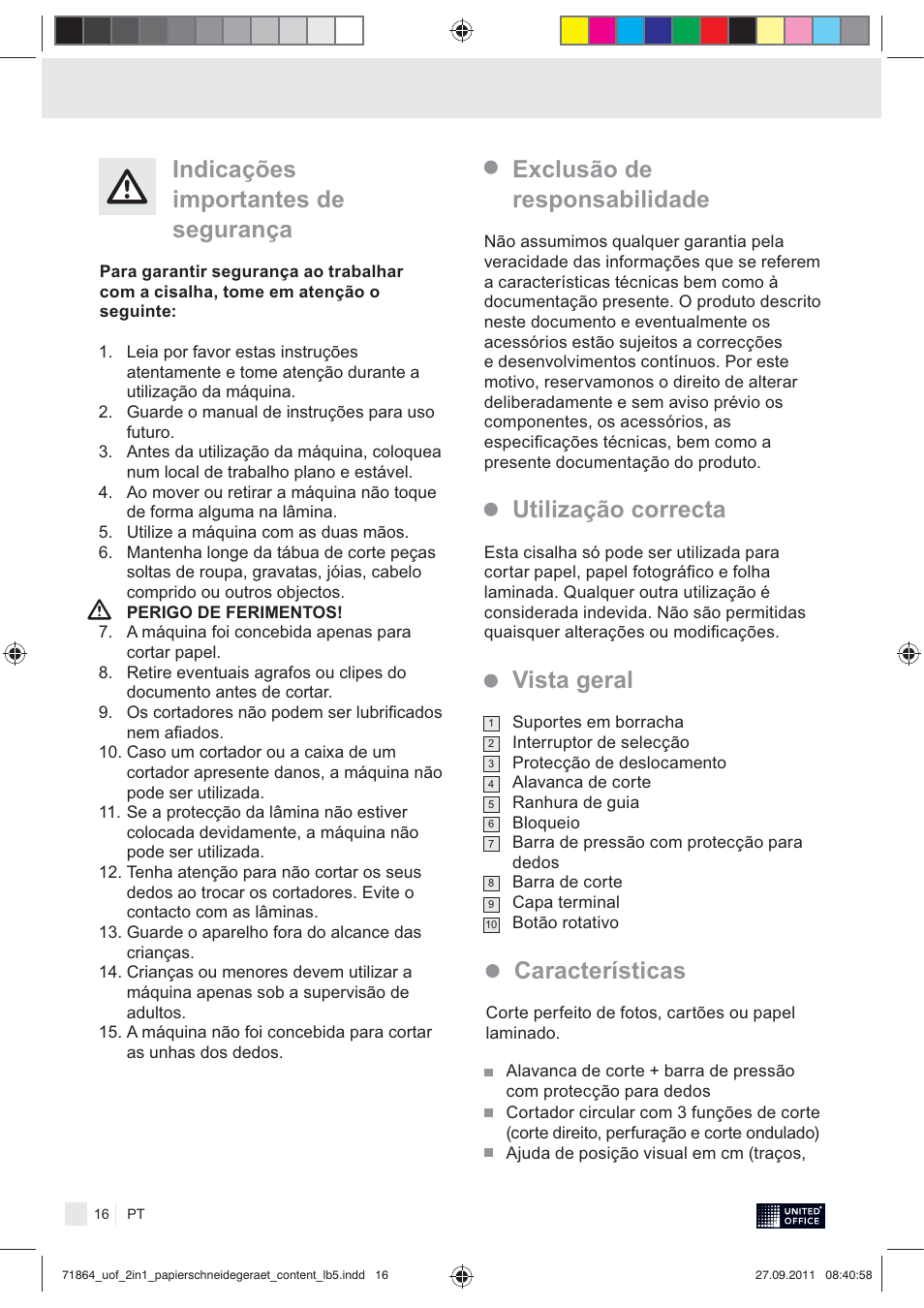 Indicações importantes de segurança, Vista geral utilização correcta, Características | Exclusão de responsabilidade | United Office 2-in-1 Paper Trimmer User Manual | Page 18 / 30